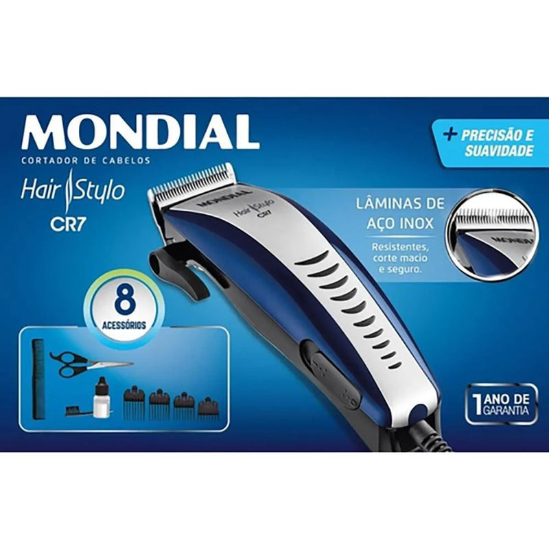 Máquina de Cortar Cabelo Mondial Hair Stylo CR-07 4 pentes - Azul/Prata 110v