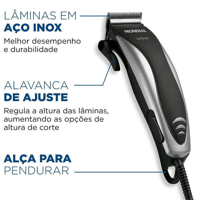 Máquina de Cortar Cabelo Mondial Hair Stylo CR-02 4 com Pentes - Prata/Preta 110V