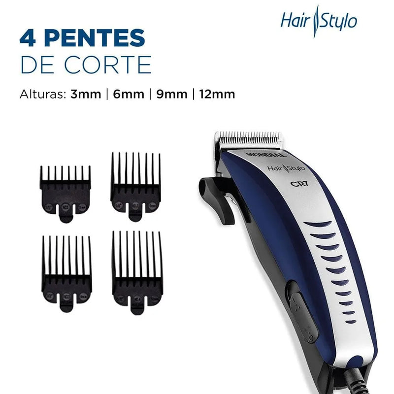 Máquina de Cortar Cabelo Mondial Hair Stylo CR-07 4 pentes - Azul/Prata 110v
