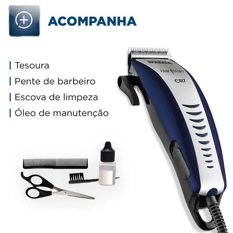 Máquina de Cortar Cabelo Mondial Hair Stylo CR-07 4 pentes - Azul/Prata 110v