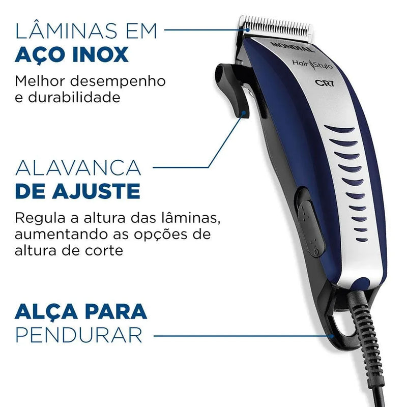 Máquina de Cortar Cabelo Mondial Hair Stylo CR-07 4 pentes - Azul/Prata 110v