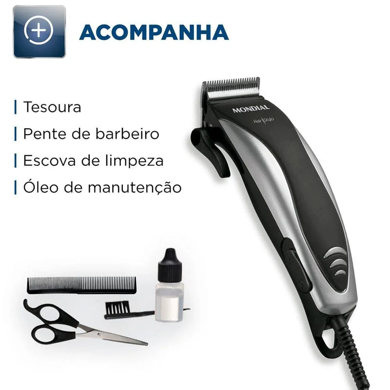 Máquina de Cortar Cabelo Mondial Hair Stylo CR-02 4 com Pentes - Prata/Preta 110V