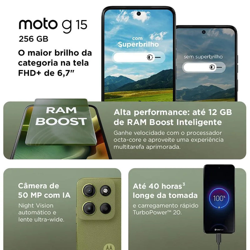 Smartphone Motorola Moto G15 Verde Vegan Leather com 256GB, 12GB RAM Boost, Tela 6.7”, Câmera principal 50 MP e Processador Octa-Core